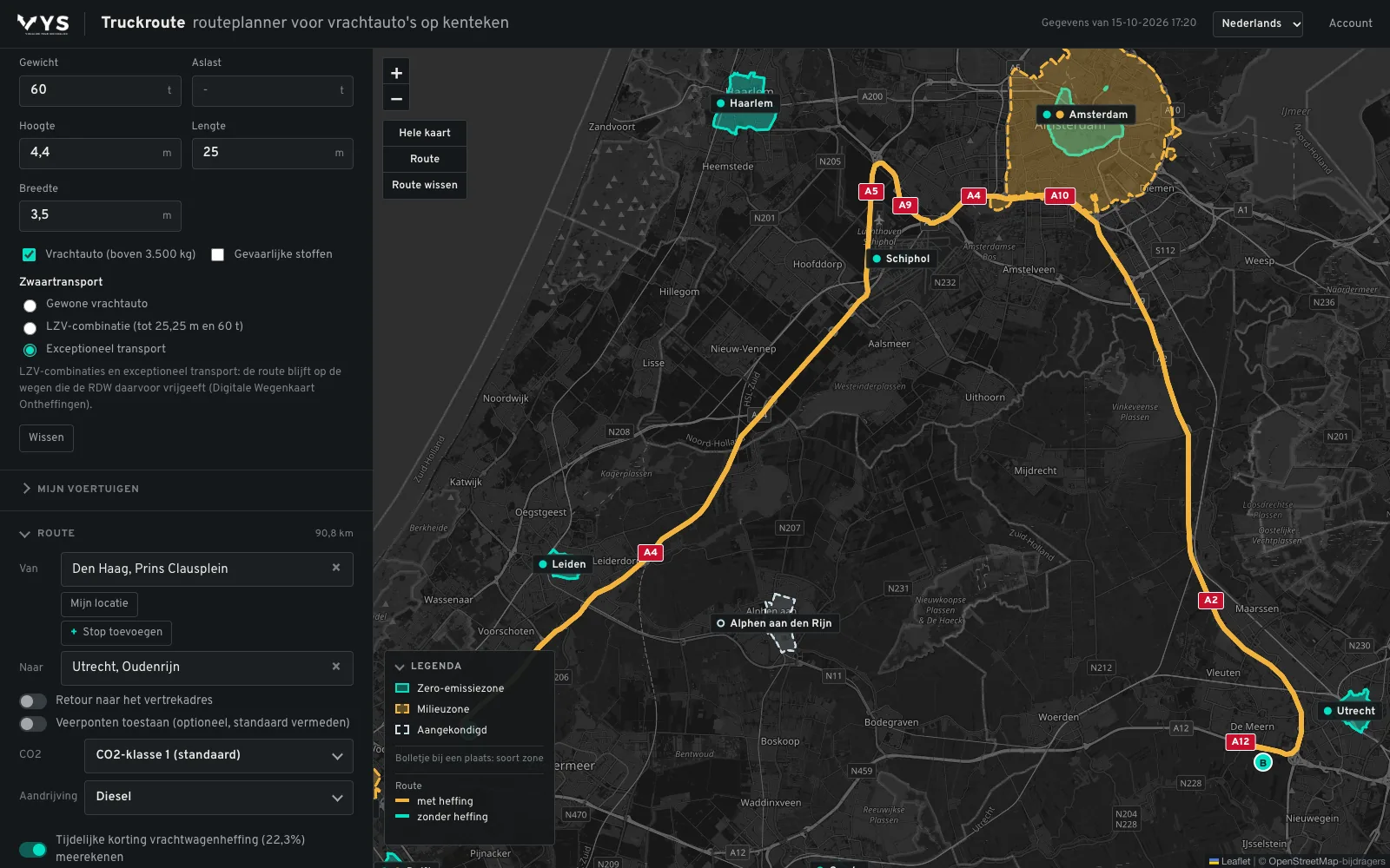 Exceptioneel transport van 4,4 m hoog, 3,5 m breed, 25 m lang en 60 ton van het Prins Clausplein naar Oudenrijn via de A4, A10 en A2