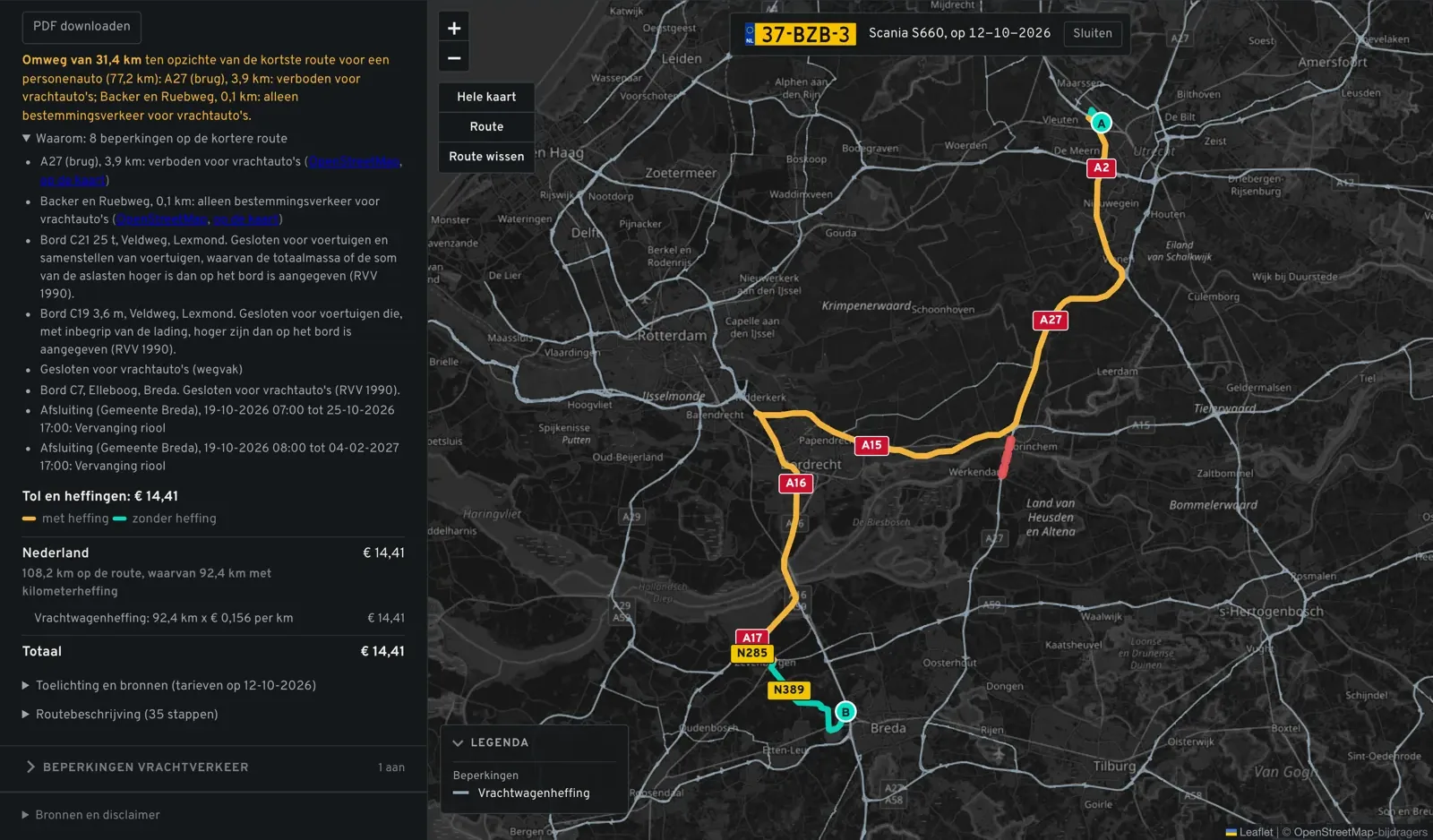 Route van Utrecht naar Breda met de omweg om de A27 en de uitleg van de beperkingen op de kortere route