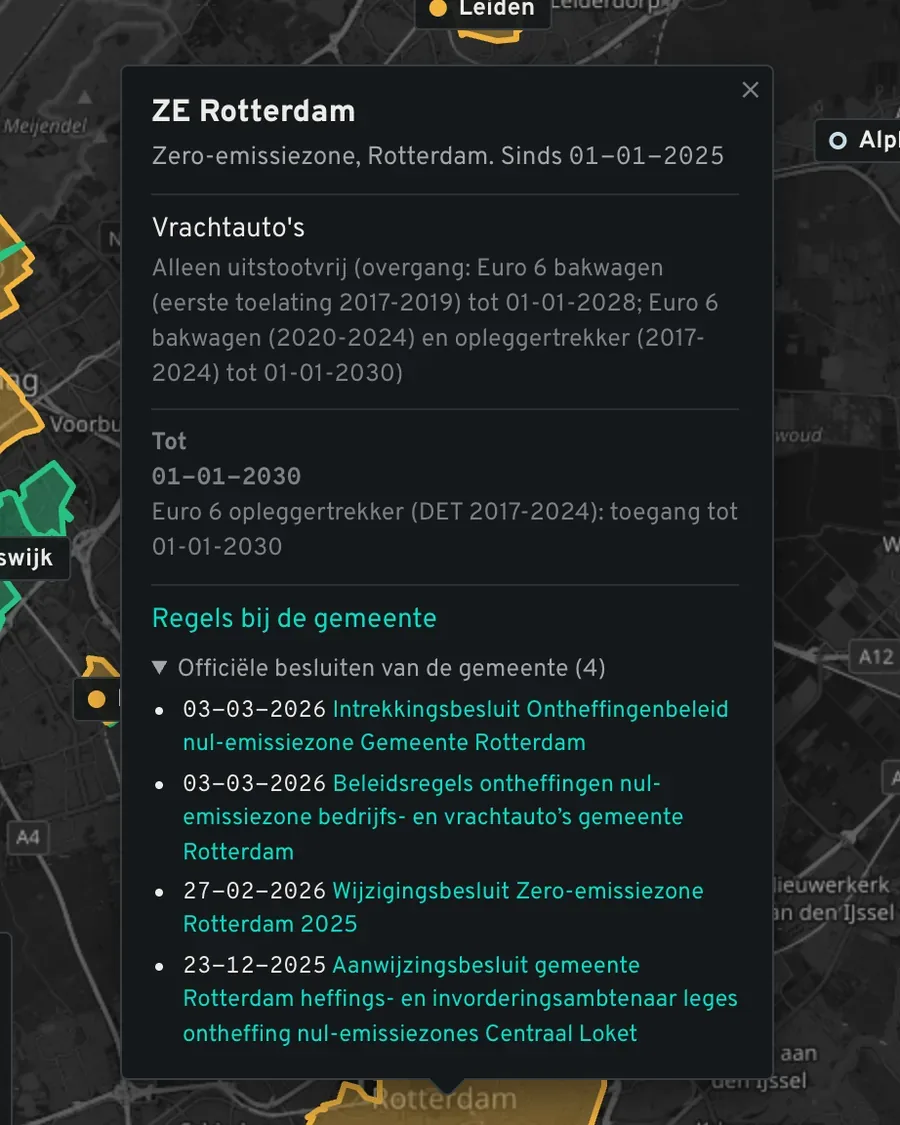 Popup van de zero-emissiezone Rotterdam met het oordeel voor de trekker en de officiele besluiten van de gemeente
