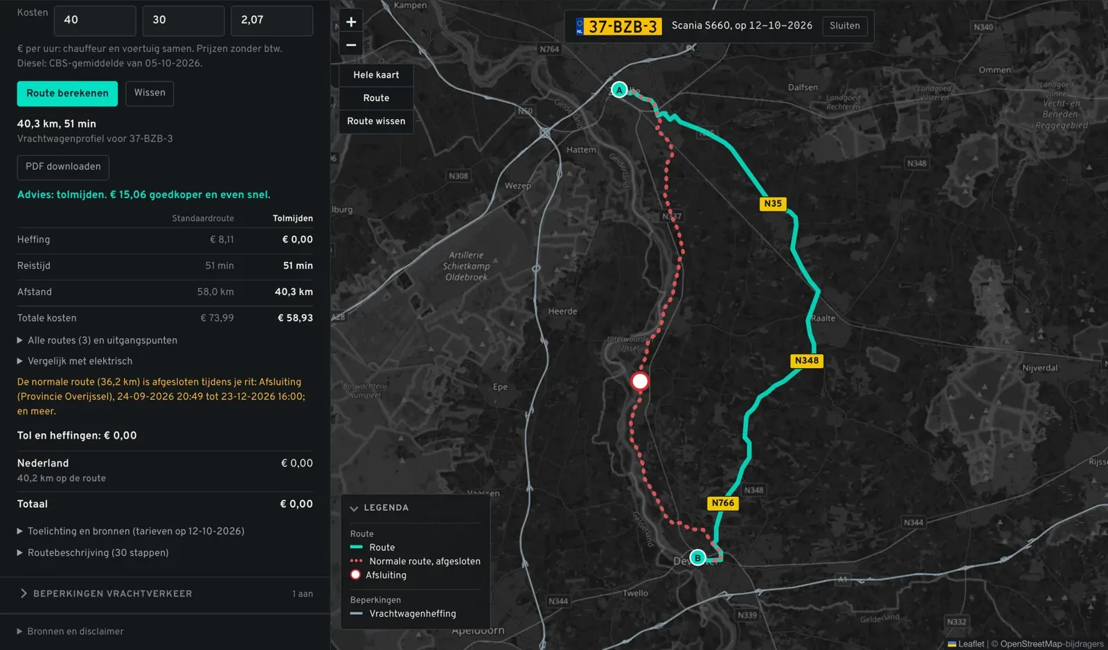 Route van Zwolle naar Deventer via de N35 en N348: geen heffing en 15,06 euro goedkoper dan de standaardroute, even snel